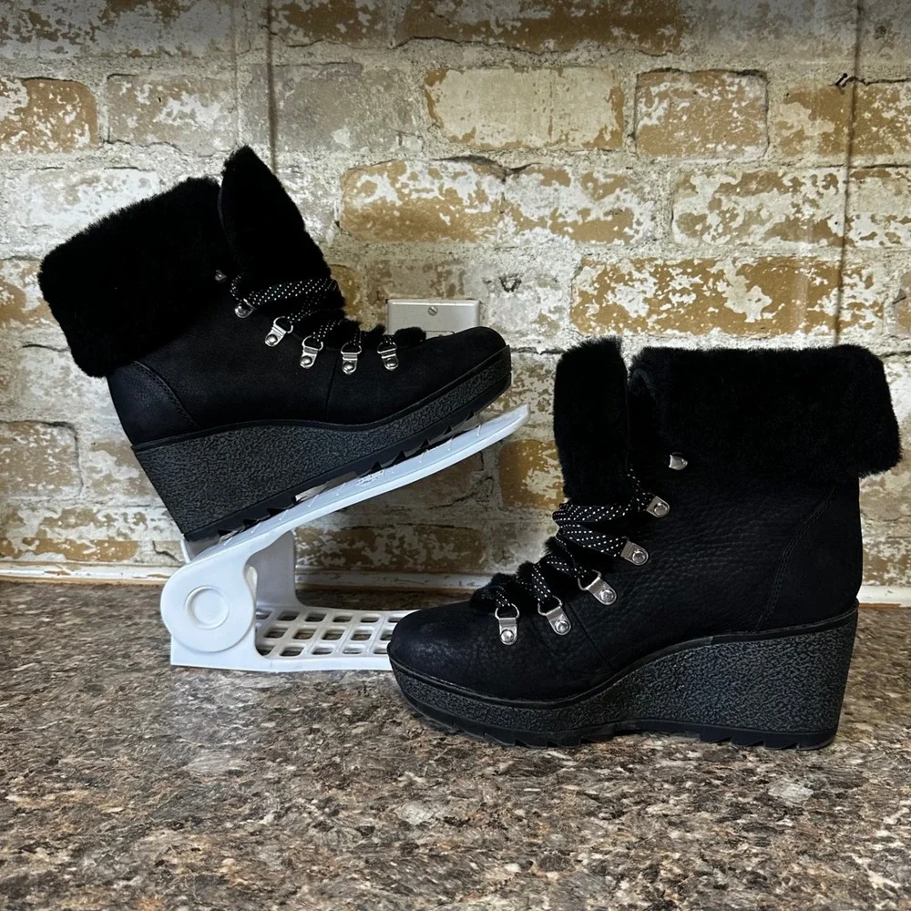 J.Crew Wedge Boots Women 7M Black Good Faux Fur Trim Hiker Leather Suede